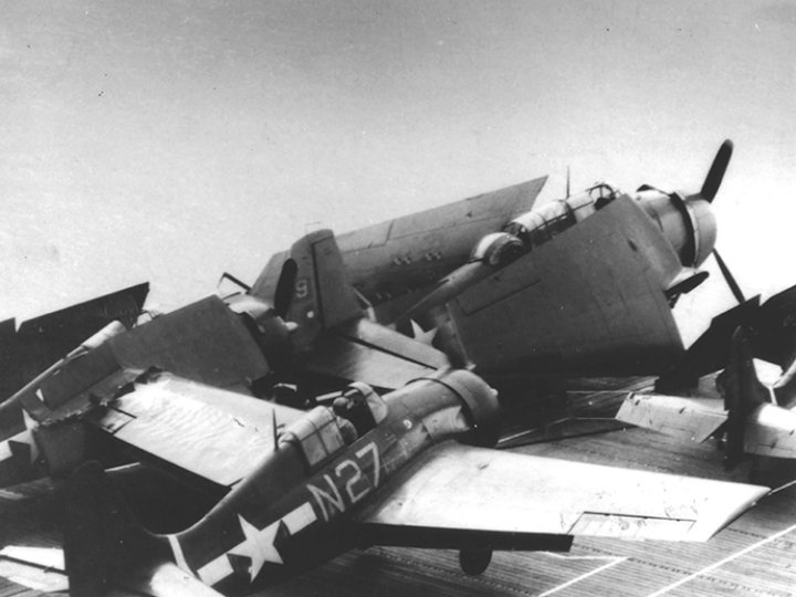 Flight deck sequence, frame 1: Wildcat N27 crashes into aircraft parked on the bow
