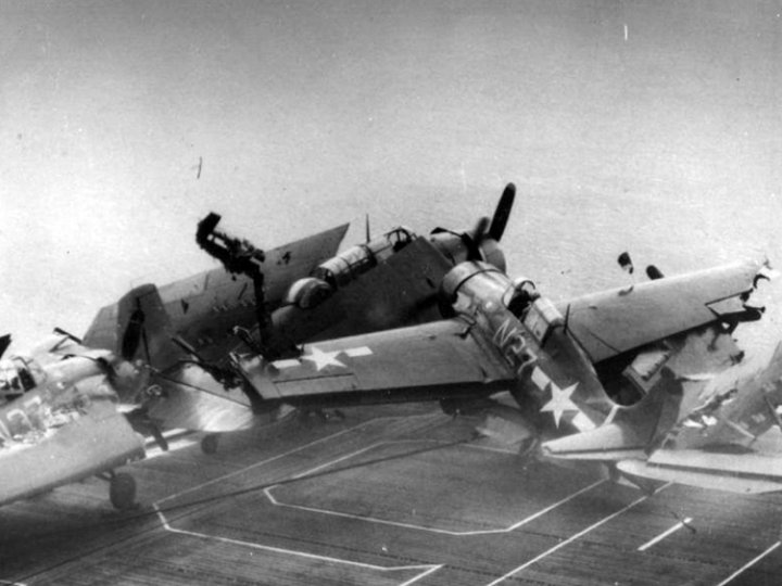 Flight deck sequence, frame 2: Wildcat N27 crashes into aircraft parked on the bow