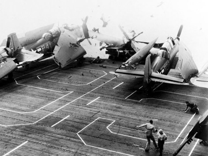 Flight deck sequence, frame 3: Wildcat N27 crashes into aircraft parked on the bow