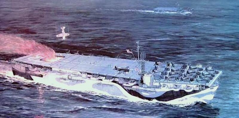 Painting of the burning escort carrier at sea