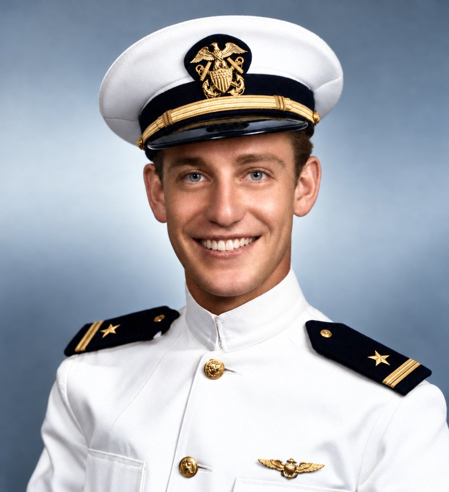 Formal portrait of Vasileios C. Giftos in US Navy officer's whites and cap