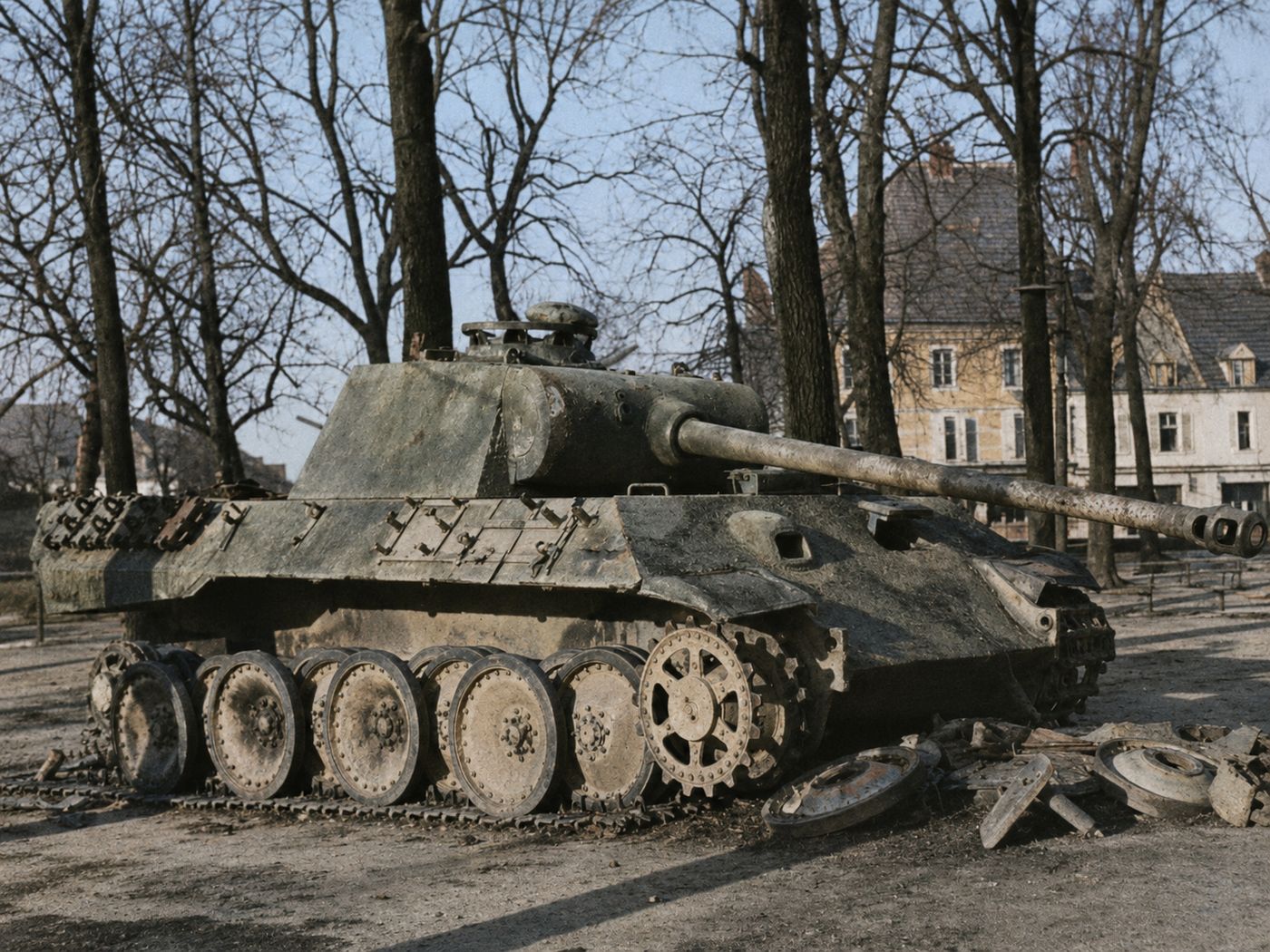 Knocked-out German tank among bare trees