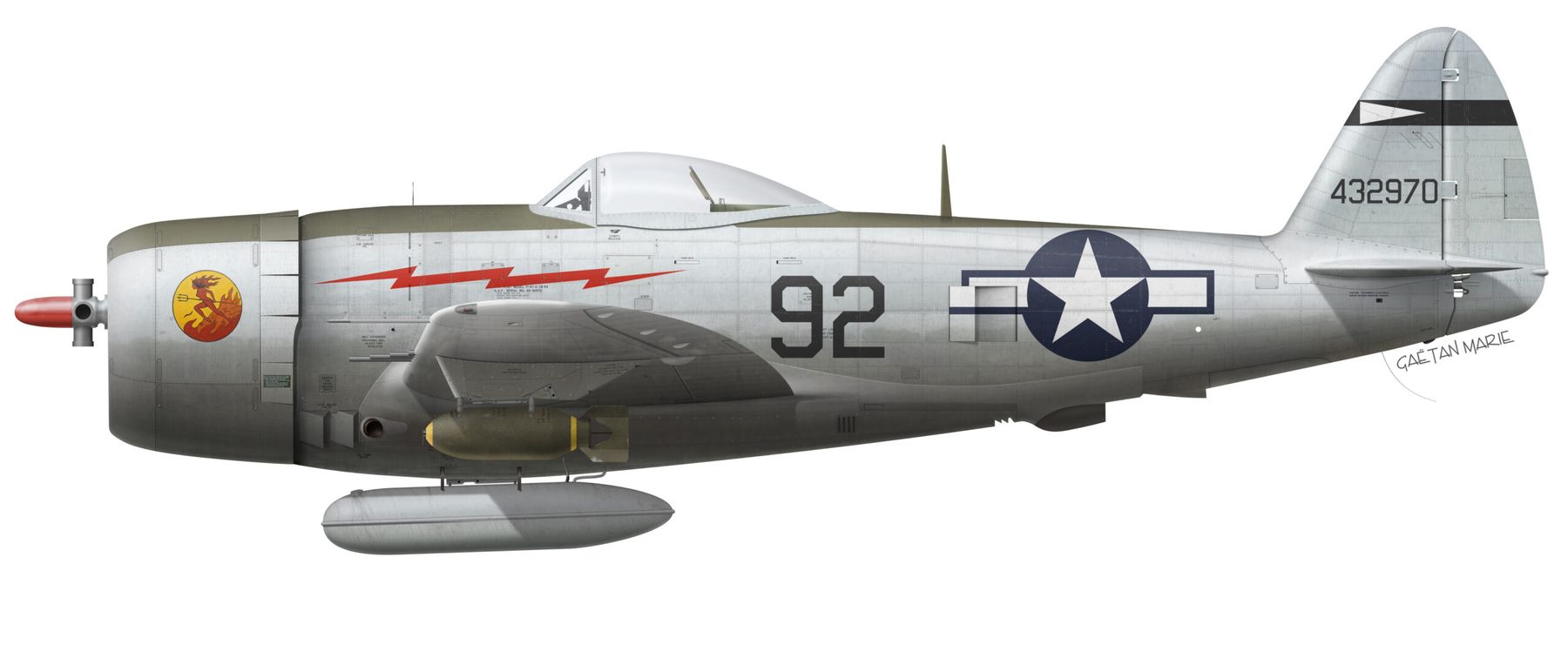 Side-view colour profile of P-47D-30-RA Thunderbolt 92, serial 44-32970, in natural metal with the 324th Fighter Group lightning flash
